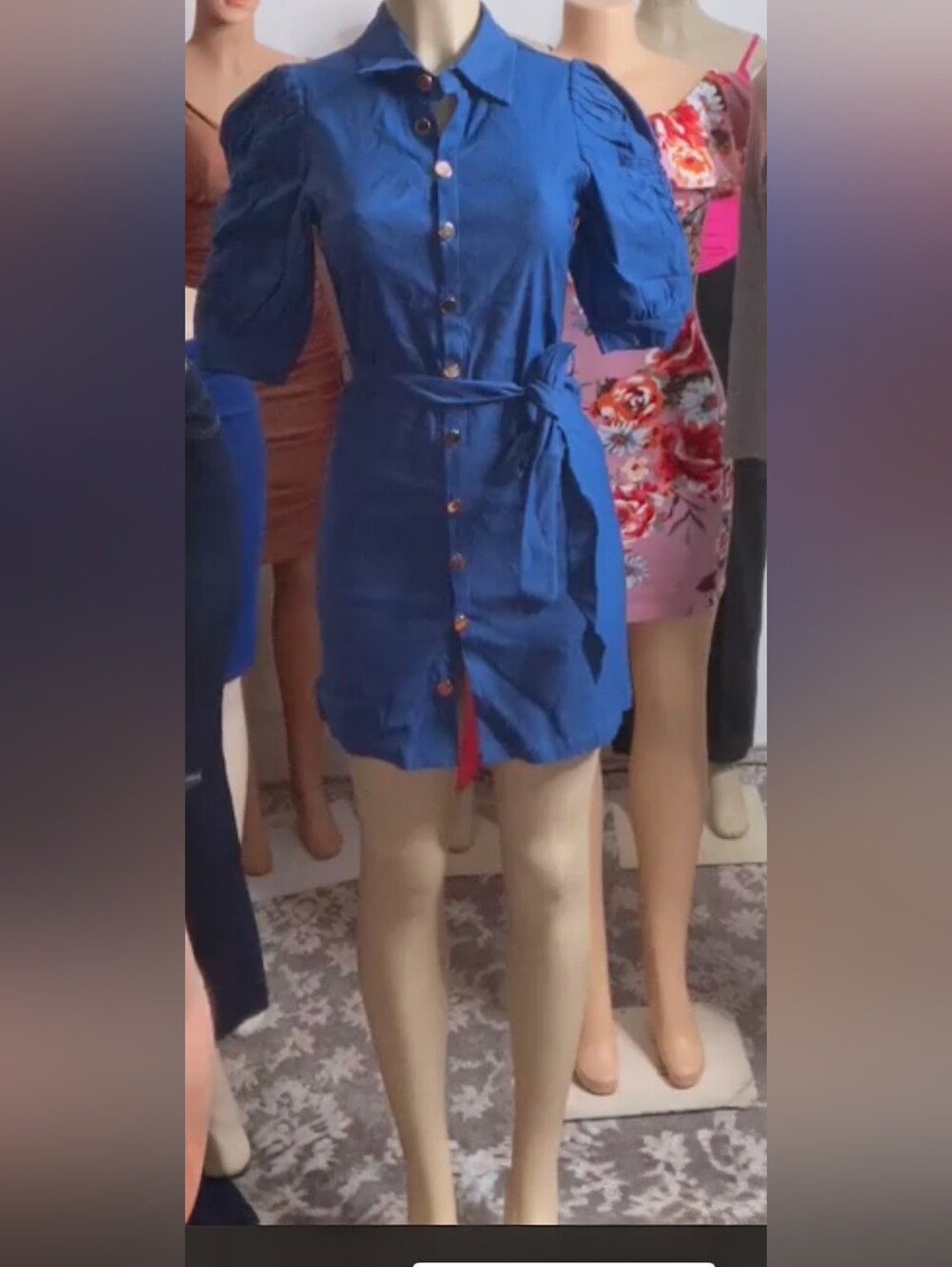 Button-Front Royal Blue Mini Shirt Dress with Tie Waist